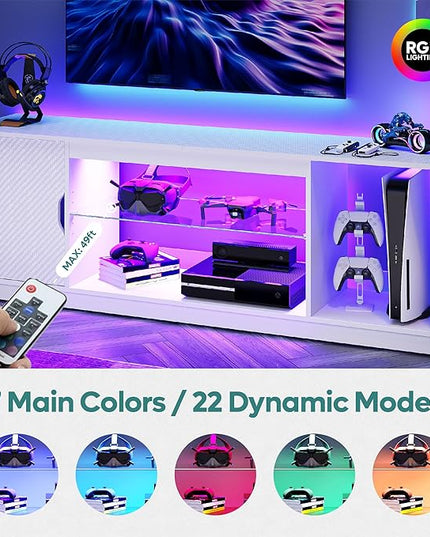 Bestier Gaming TV Stand with Removable Glass Shelves for 55/60/65 Inch TV,Led Entertainment Center & 22 Dynamic RGB Modes for PS5 PS4,Modern TV Console for Living Room Bedroom Carbon Fiber White - LeafyLoom