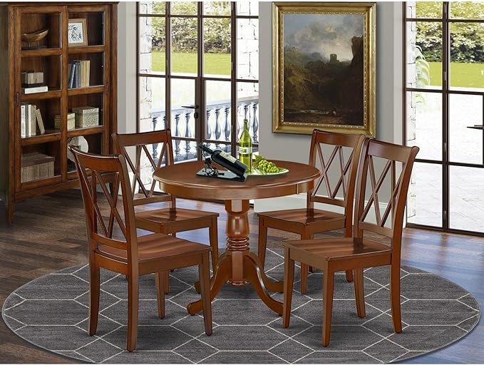 East West Furniture ANCL5-MAH-W 5 Piece Set for 4 Includes a Round Table with Pedestal and 4 Kitchen Dining Chairs, 36x36 Inch - LeafyLoom
