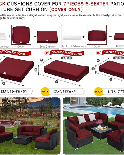 ClawsCover 14Pack Outdoor Patio Seat and Back Cushions Replacement Covers Fit for 7Pieces 6-Seater Wicker Rattan Sectional Couch Chair Furniture Set,Burgundy-Include Cover Only (Small) - LeafyLoom