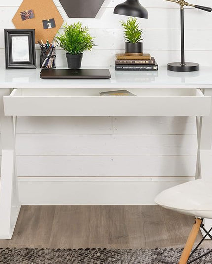 Walker Edison Lawrence Urban Industrial X Leg Glass Top Computer Desk, 48 Inch, White - LeafyLoom