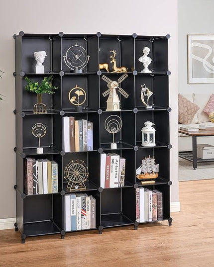 ANWBROAD Cube Storage Organizer 20-Cube Cubby Shelving Book Shelf Living Room Closet Clothes Organizers Kids Toys Craft Yarn Storage with Rubber Hammer for Bedroom Office Black ULCS020B - LeafyLoom