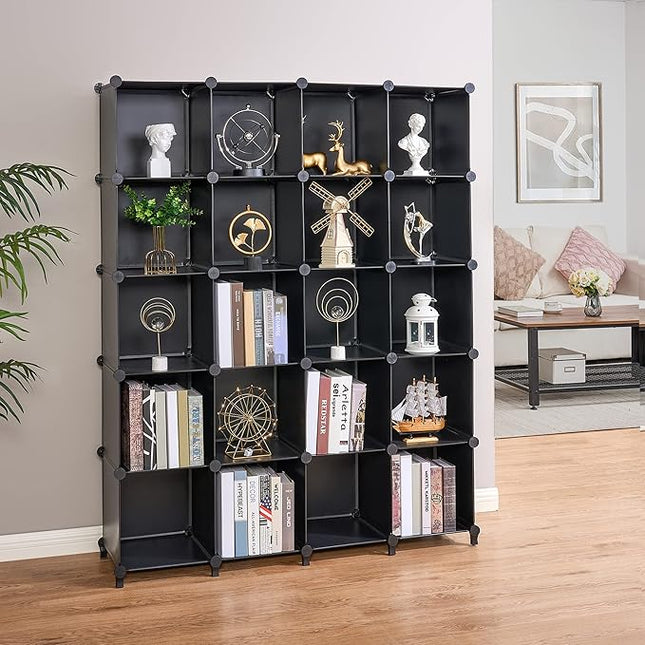 ANWBROAD Cube Storage Organizer 20-Cube Cubby Shelving Book Shelf Living Room Closet Clothes Organizers Kids Toys Craft Yarn Storage with Rubber Hammer for Bedroom Office Black ULCS020B - LeafyLoom