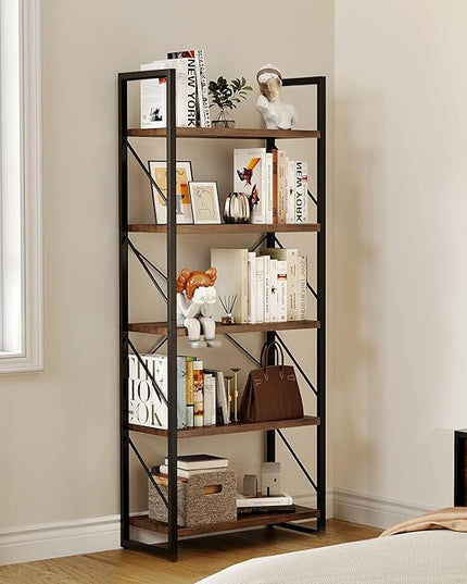 YITAHOME 5-Tier Bookshelf, Freestanding Book Shelf, Industrial Minimalist Open Display Storage Book Shelves Standing Shelving Unit for Living Room Bedroom Home Office, Rustic Brown - LeafyLoom