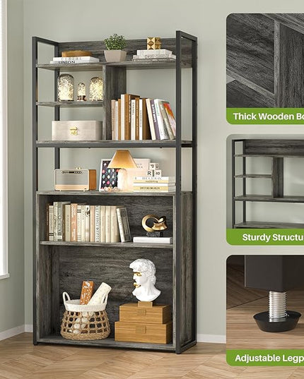 armocity Industrial Bookshelf, 6 Tier Tall Bookshelves Wood Metal Frame Standing Bookcase, Display Book Shelf with Adjustable Storage Shelves for Home Office, Living Room, Bed Room, Grey Oak - LeafyLoom