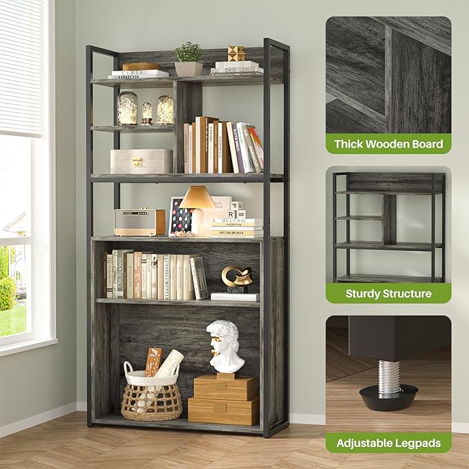 armocity Industrial Bookshelf, 6 Tier Tall Bookshelves Wood Metal Frame Standing Bookcase, Display Book Shelf with Adjustable Storage Shelves for Home Office, Living Room, Bed Room, Grey Oak - LeafyLoom