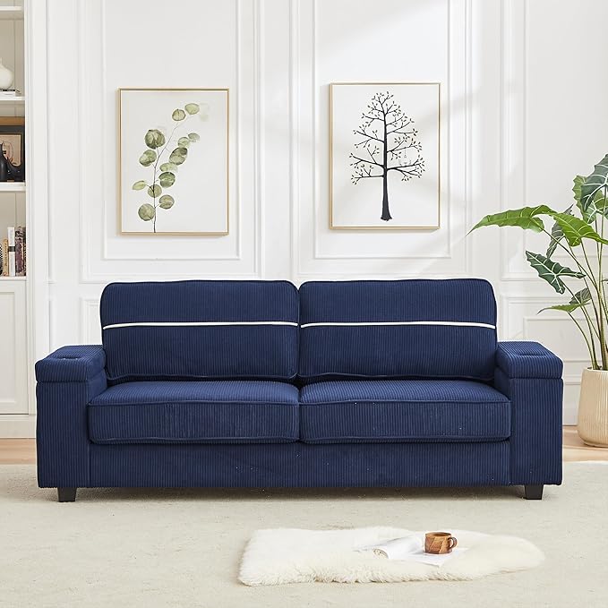 Modern Living Room Upholstered 3 Seater Sofa Couch Deep Seat Soft Corduroy Sofa&Couch with Storage Armrests, 2 Cupholders, Type-C and USB Charging Ports for Home, Apartment, Office - LeafyLoom