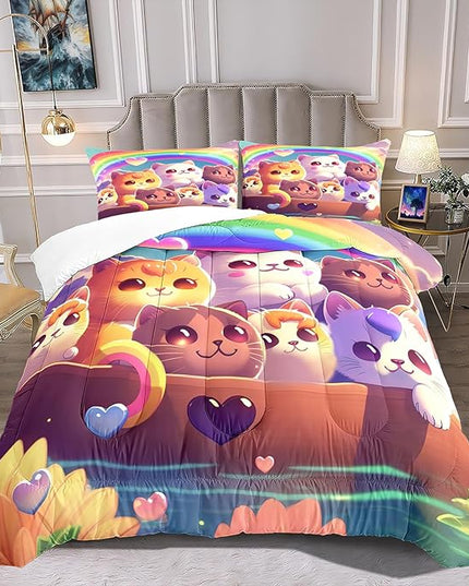 Kids Cat Comforter Set - Cat Bedding Set Full Size Cat Comforter Cartoon Cat Rainbow Printed Bedding Sets for Kids Girls Kawaii Cat Quilt Set, 1 Comforter+2 Pillowcases - LeafyLoom
