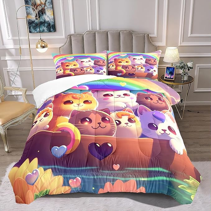 Cat Bedding Set Queen Size, Cartoon Cat Comforter Set, Lovely Animal Pattern and Rainbow Prints Bedding Sets for Kids Girls Kawaii Cat Queen Size Quilt Sets with 2 Pillowcases - LeafyLoom