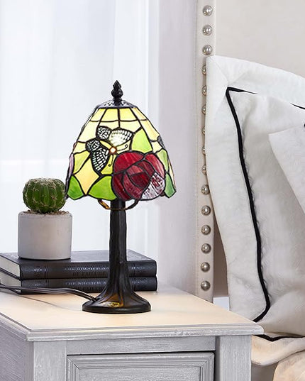 Stained Glass Butterfly with rose Design Table or Desk Light, Tiffany Style mini table Lamp-LED Bulb Included-Vintage Look Colorful Accent Decor - LeafyLoom