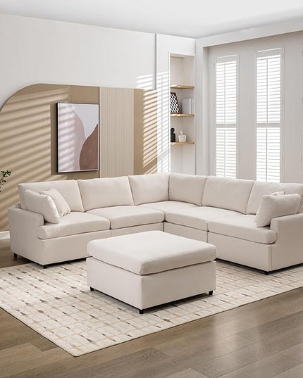 100.4" Modern Large U-Shape Modular Sectional Sofa with Removable Ottomans, Flexible Combination 6-Seater Upholstered Couch for Living Room Apartment Office, Beige, 100.4 Inch - LeafyLoom