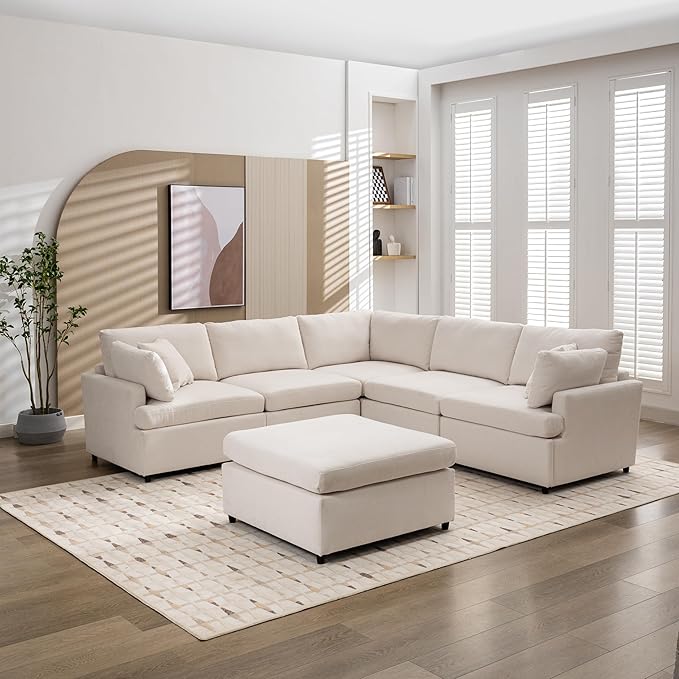 100.4" Modern Large U-Shape Modular Sectional Sofa with Removable Ottomans, Flexible Combination 6-Seater Upholstered Couch for Living Room Apartment Office, Beige, 100.4 Inch - LeafyLoom