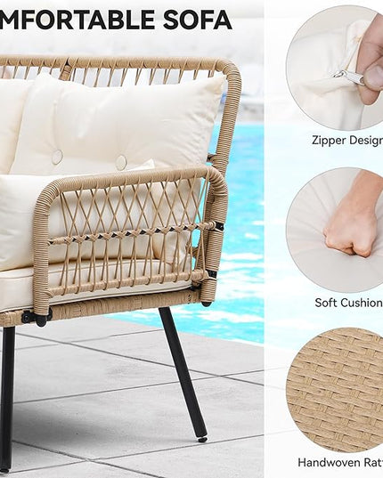 YITAHOME L-Shaped Patio Furniture Outdoor Loveseat Sectional Set for Backyard, Porch with Thick Cushions Detachable Lounger, Side Table (Light Brown+Beige) - LeafyLoom
