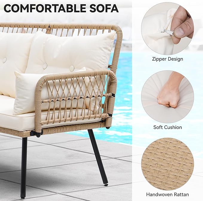 YITAHOME L-Shaped Patio Furniture Outdoor Loveseat Sectional Set for Backyard, Porch with Thick Cushions Detachable Lounger, Side Table (Light Brown+Beige) - LeafyLoom