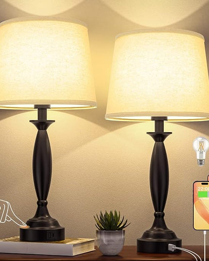 Beige Lamps for Bedrooms Set of 2 - Touch Control Bedside Lamp with USB C+A, 3 Way Dimmable Nightstand Lamps with USB Port, Table Lamp for Living Room(Beige Shade and Black Base) - LeafyLoom