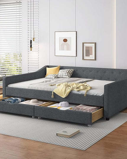 Full Size Daybed with Storage Upholstered Day Bed frame with Drawers & Button Tufted Backrest,for Living Room Bedroom,Wood Slat Support,No Box Spring Needed,Dark Grey - LeafyLoom