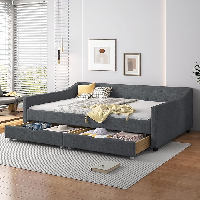 Full Size Daybed with Storage Upholstered Day Bed frame with Drawers & Button Tufted Backrest,for Living Room Bedroom,Wood Slat Support,No Box Spring Needed,Dark Grey - LeafyLoom