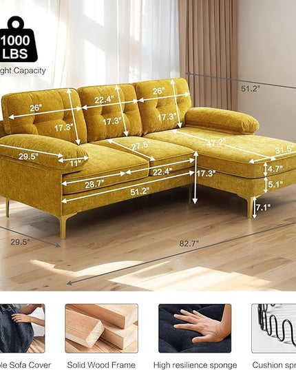 EASELAND 82" L-Shape Sofa with Reversible Chaise Lounge, Convertible Sectional Sofa Couch, Chenille Modern Sofa Couch for Living Room, Apartment and Office, Removable Cover (Yellow) - LeafyLoom