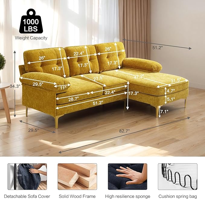 EASELAND 82" L-Shape Sofa with Reversible Chaise Lounge, Convertible Sectional Sofa Couch, Chenille Modern Sofa Couch for Living Room, Apartment and Office, Removable Cover (Yellow) - LeafyLoom