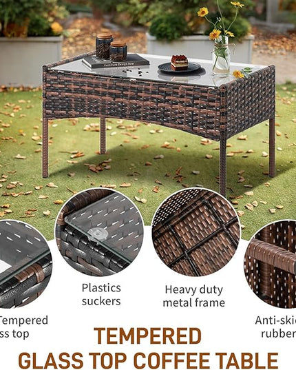 Outvita 4 Pieces Patio Furniture Set, Rattan Conversation Sets with Loveseat Soft Cushion and Glass Table for Garden Backyard Balcony Porch Poolside(Brown Gradient) - LeafyLoom