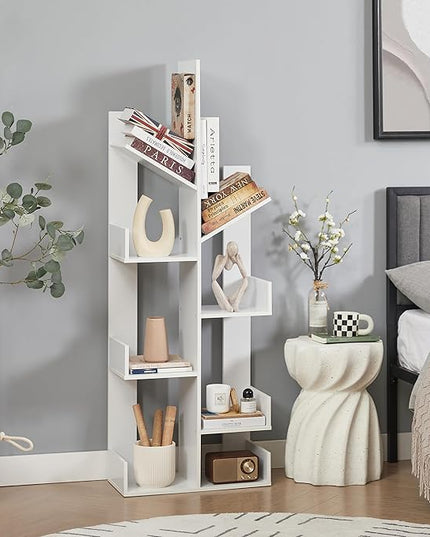 VECELO Tree Bookshelf,8 Shelf Storages Bookcase,Industrial Wooden Book Display Shelves for CDs/Movies/Books,FreeStanding Tree-Shaped Book Case Organizers for Home Office,Living Room,Ivory White - LeafyLoom
