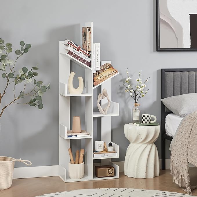 VECELO Tree Bookshelf,8 Shelf Storages Bookcase,Industrial Wooden Book Display Shelves for CDs/Movies/Books,FreeStanding Tree-Shaped Book Case Organizers for Home Office,Living Room,Ivory White - LeafyLoom