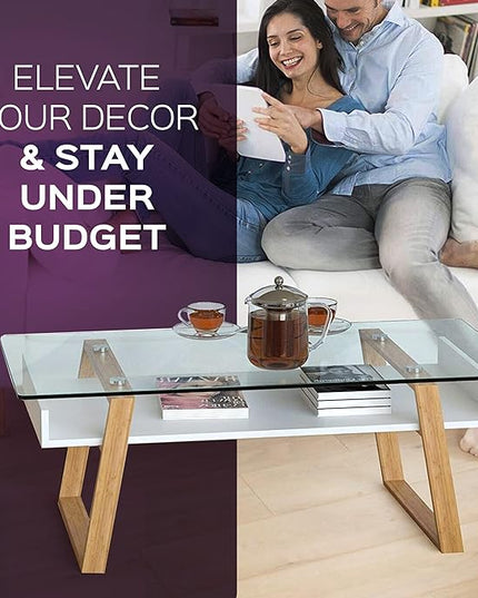 bonVIVO Modern Glass Coffee Table - Elegant Centerpiece for Living Room Decor with Tempered Glass Top, Sleek Design as A Gift for Home or Office Use, White - LeafyLoom