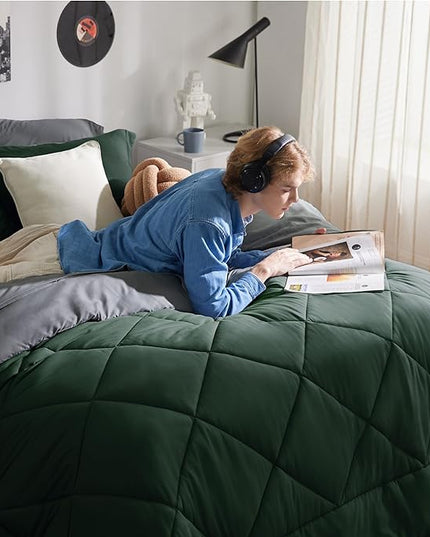 Bedsure Forest Green Twin XL Comforter Set - 5 Pieces Reversible Twin XL Bed in a Bag for College, Extra Long Twin Bed Set Forest Green and Grey with Comforters, Sheets, Pillowcase & Sham - LeafyLoom