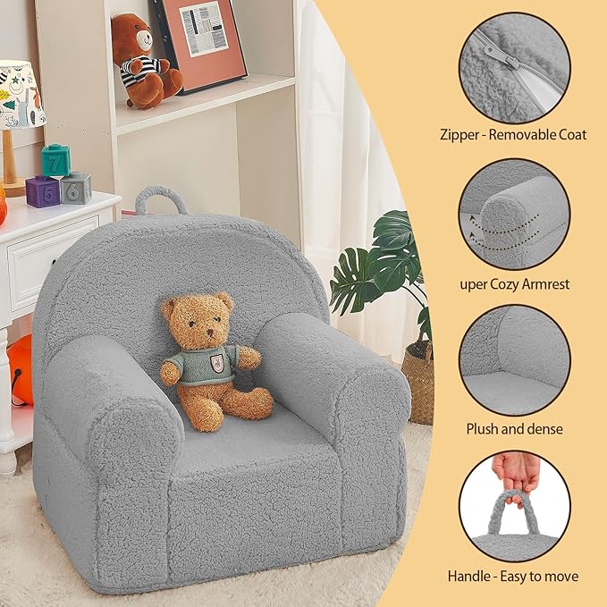 Toddler Chair Sherpa Couch Sherpa Kids Chair, Cuddly Kids Chairs Comfy Toddler Plush Chair Toddler Couch Reading Chair for Kids Fuzzy Baby Chair Grey - LeafyLoom
