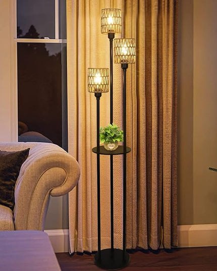 Boho Floor Lamp with Shelves, 3-Lights Farmhouse Tall Floor Lamp with ON/OFF Foot Switch, Rustic Standing Lamp with Rattan Shades for Living Room Bedroom Office - LeafyLoom
