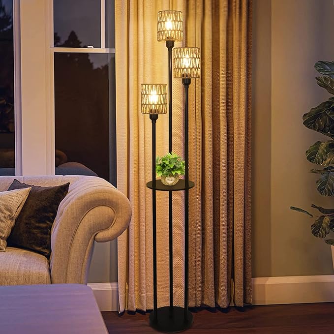 Boho Floor Lamp with Shelves, 3-Lights Farmhouse Tall Floor Lamp with ON/OFF Foot Switch, Rustic Standing Lamp with Rattan Shades for Living Room Bedroom Office - LeafyLoom