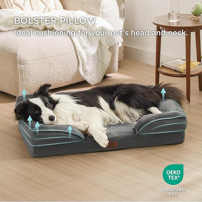 Bedsure Orthopedic Dog Bed for Large Dogs - Big Washable Dog Sofa Beds Large, Supportive Foam Pet Couch Bed with Removable Washable Cover, Waterproof Lining and Nonskid Bottom, Dark Grey BEDSURE