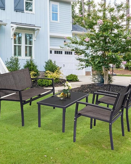 4 Pieces Patio Furniture Set Outdoor Garden Patio Conversation Sets Poolside Lawn Chairs with Tempered Glass Coffee Table Loveseat Porch Furniture Textilene Fabric Brown - LeafyLoom