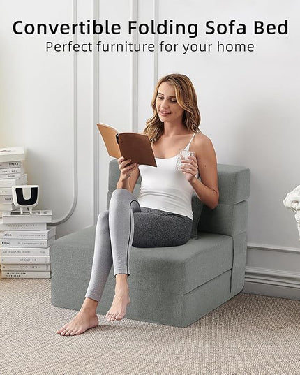 Convertible Folding Sofa Bed - Sleeper Chair with Pillow, Modern Linen Fabric Floor & Futon Couch, Foldable Mattress for Living Room/Dorm/Guest Use/Home Office/Apartment, Single Size Light Gray - LeafyLoom