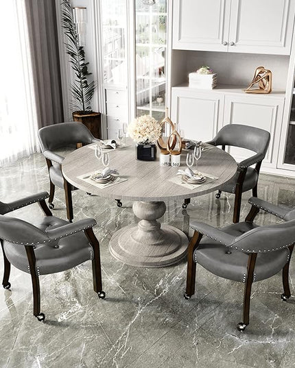 Dining Chairs with Casters and Arms, Rolling Dining Chairs with Wheels, Game Poker Table Chairs, Solid Wood Boss Caption's Chairs Office Desk Chairs, Espresso Legs & Dark Grey, XXY-1910-DG - LeafyLoom
