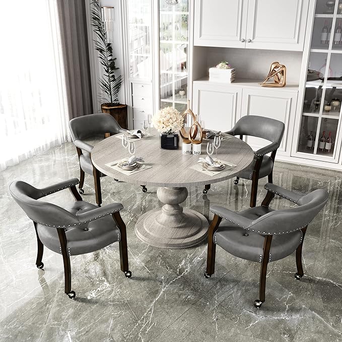 Dining Chairs with Casters and Arms, Rolling Dining Chairs with Wheels, Game Poker Table Chairs, Solid Wood Boss Caption's Chairs Office Desk Chairs, Espresso Legs & Dark Grey, XXY-1910-DG - LeafyLoom
