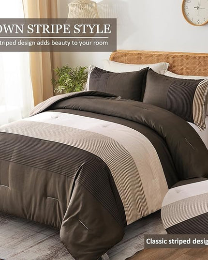 Brown Comforter Set King, Reversible Brown Striped Down Alternative Comforter for King Bed,3 Pieces (1 Comforter+2 Pillowcases), Soft Microfiber Bedding Duvet Set 104"×90" - LeafyLoom
