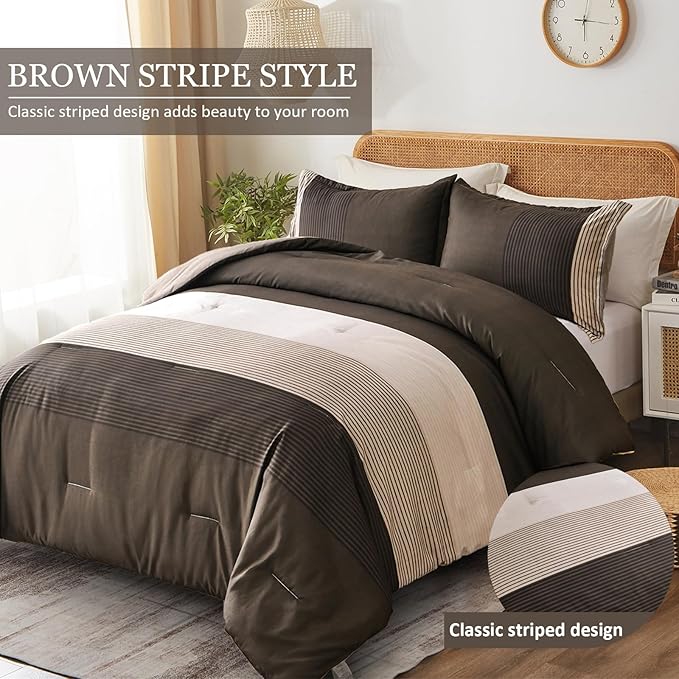 Brown Comforter Set King, Reversible Brown Striped Down Alternative Comforter for King Bed,3 Pieces (1 Comforter+2 Pillowcases), Soft Microfiber Bedding Duvet Set 104"×90" - LeafyLoom