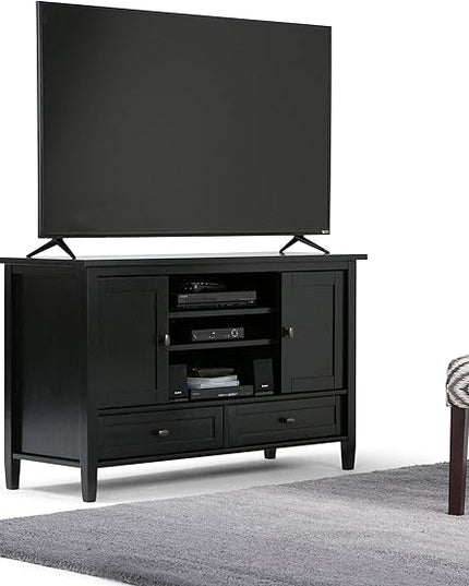 SIMPLIHOME Warm Shaker SOLID WOOD 47 Inch Wide Transitional TV Media Stand in Black For TVs up to 52 Inches, For The Living Room and Entertainment Center - LeafyLoom