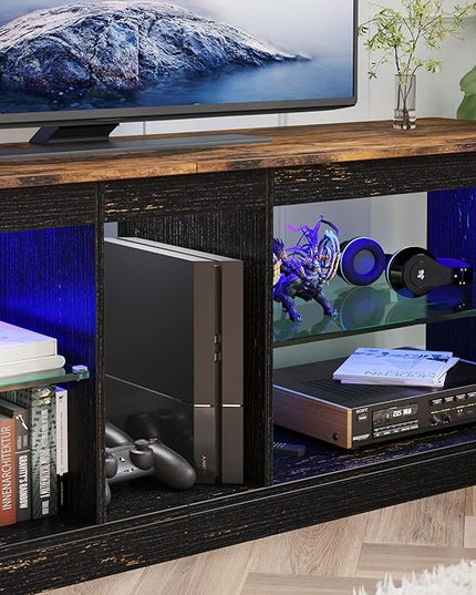 Bestier RGB TV Stand for 65+ Gaming Entertainment Center Gaming LED TV Media Console Table with 2 Glass Shelf PS Gaming TV Cabinet for Living Room, Golden Black - LeafyLoom