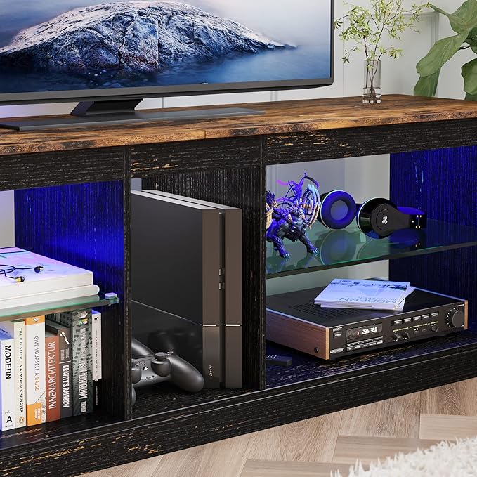 Bestier RGB TV Stand for 65+ Gaming Entertainment Center Gaming LED TV Media Console Table with 2 Glass Shelf PS Gaming TV Cabinet for Living Room, Golden Black - LeafyLoom