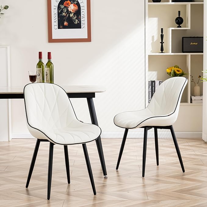 YOUNIKE Dining Chairs Set of 2, White Comfy Padded Kitchen Chairs, Armless Modern Faux Leather Upholstered Dining Room Chairs, Elegant Dinning Chairs Side Chairs, Easy to Clean - LeafyLoom
