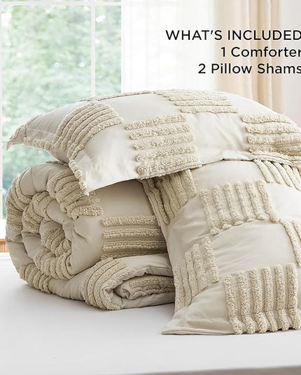 Bedsure Queen Size Comforter Set Linen, Boho Tufted Bedding Comforter Set, Grande Checkered Farmhouse Shabby Chic Bed Set, 3 Pieces, 1 Plaid Geometric Comforter and 2 Pillow Shams - LeafyLoom