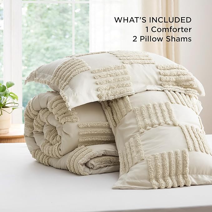 Bedsure Queen Size Comforter Set Linen, Boho Tufted Bedding Comforter Set, Grande Checkered Farmhouse Shabby Chic Bed Set, 3 Pieces, 1 Plaid Geometric Comforter and 2 Pillow Shams - LeafyLoom