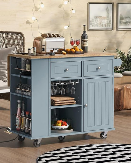Kitchen Island Drop Leaf & Power Outlet, Mobile Cart w/Open Storage Wine Rack, Lockable Universal Wheels and Unfolded Tabletop, for Home, Dining Room, Grey Blue, 39.8 Inch - LeafyLoom