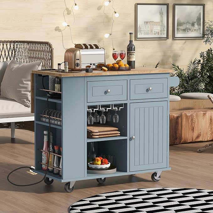 Kitchen Island Drop Leaf & Power Outlet, Mobile Cart w/Open Storage Wine Rack, Lockable Universal Wheels and Unfolded Tabletop, for Home, Dining Room, Grey Blue, 39.8 Inch - LeafyLoom