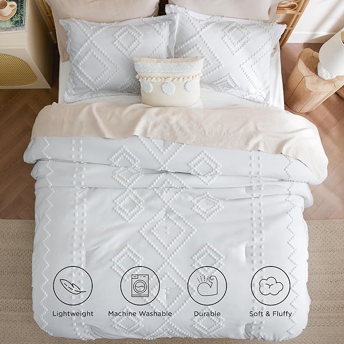 Bedsure Boho Comforter Set King - Linen Tufted Bedding Comforter Set, 3 Pieces Farmhouse Shabby Chic Embroidery Bedding Set, Soft Geometric Pattern Comforter for All Seasons - LeafyLoom