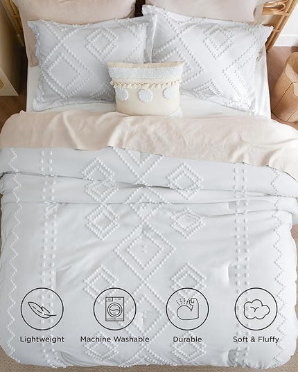 Bedsure Boho Comforter Set Full - Linen Tufted Bedding Comforter Set, 3 Pieces Farmhouse Shabby Chic Embroidery Bedding Set, Soft Geometric Pattern Comforter for All Seasons - LeafyLoom