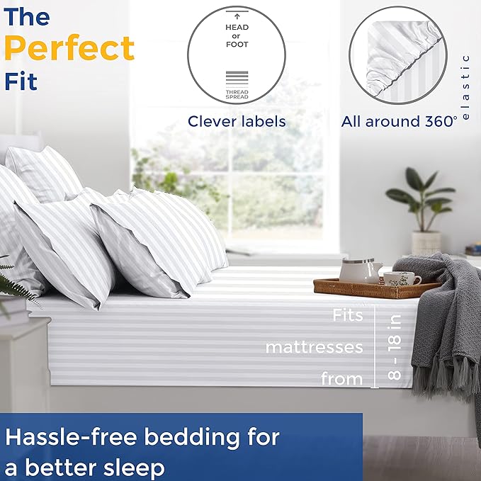 THREAD SPREAD Luxury Egyptian Cotton King Stripe Sheet Set, 600 Thread Count Extra Long Staple 4 PC Set, King White Damask Sheets, Soft, Cooling Sateen Weave Sheets Upto 18" Deep Pocket - LeafyLoom