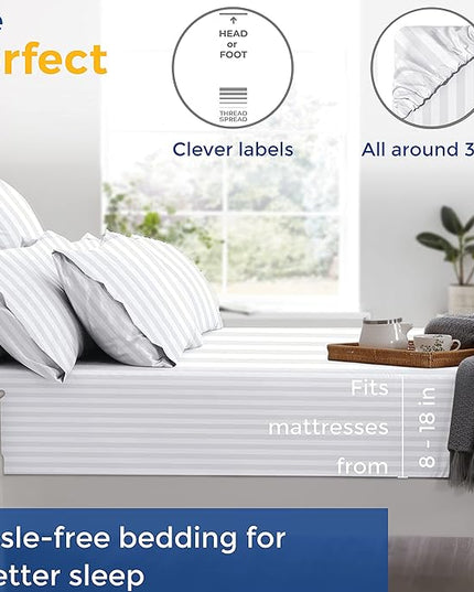 THREAD SPREAD Luxury Egyptian Cotton Queen Stripe Sheet Set, 600 Thread Count Extra Long Staple 4 PC Set, Queen White Damask Sheets, Soft, Cooling Sateen Weave Striped Sheets Upto 18" Deep Pocket - LeafyLoom