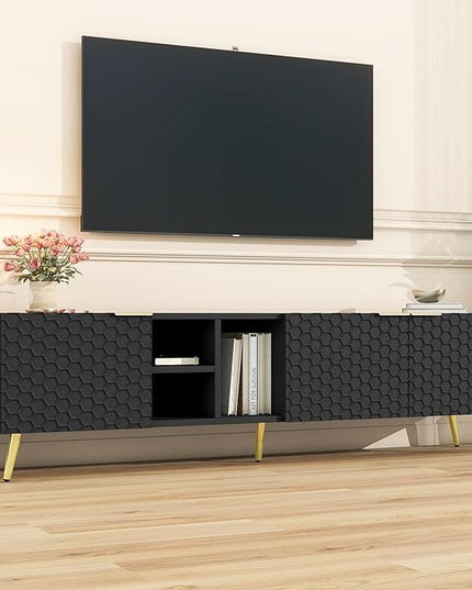 Merax Modern Minimalist Geometric TV Stand with Metal Handles and Gold Legs for Televisions Up to 80'' Multi-Functional Storage Cabinet, Entertainment Center for Living Room, 70.80" Length, Black - LeafyLoom